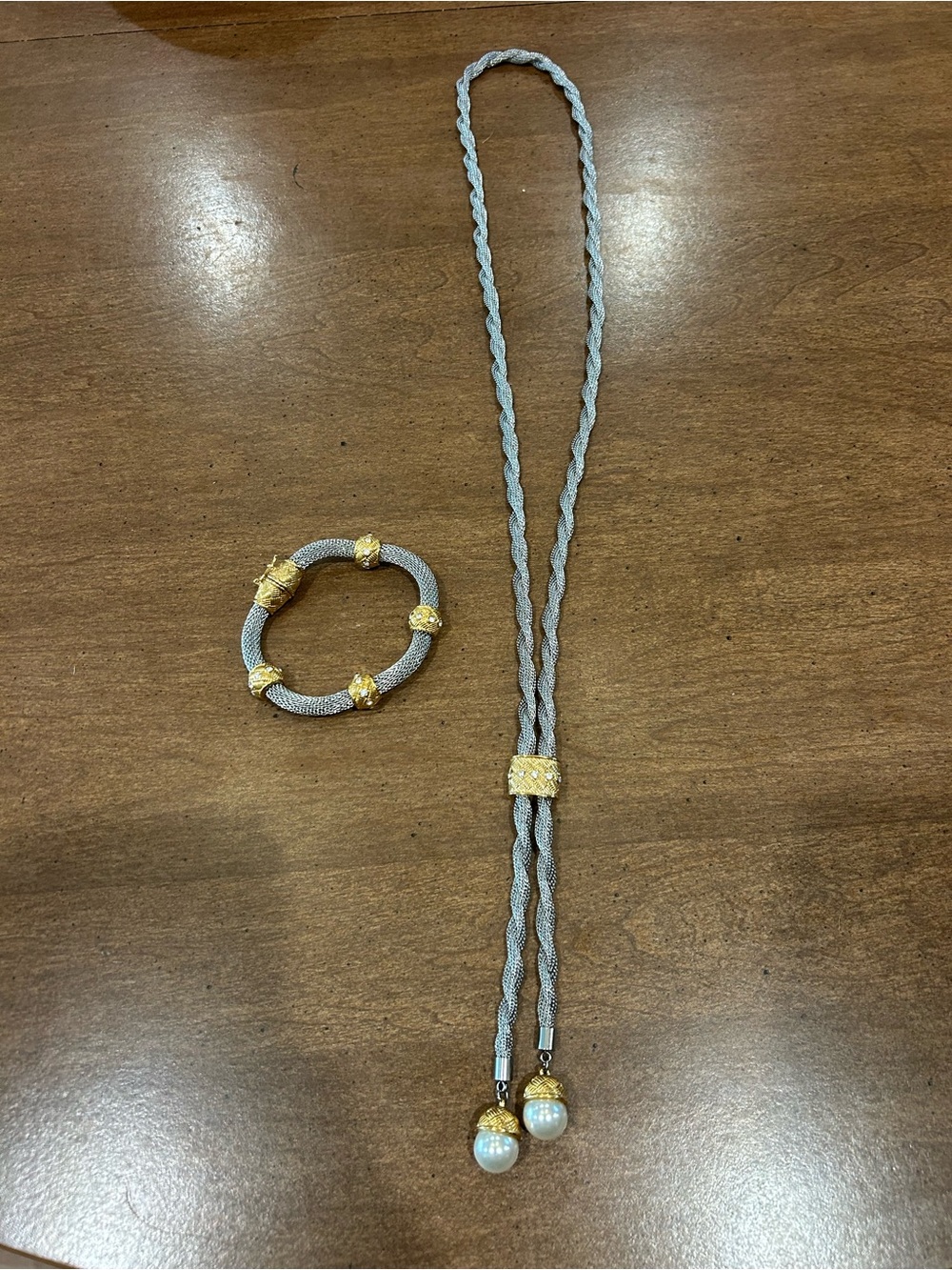 Avon Stainless Steel Eternal Faux Pearl Lariat Necklace Bracelet Set Vintage